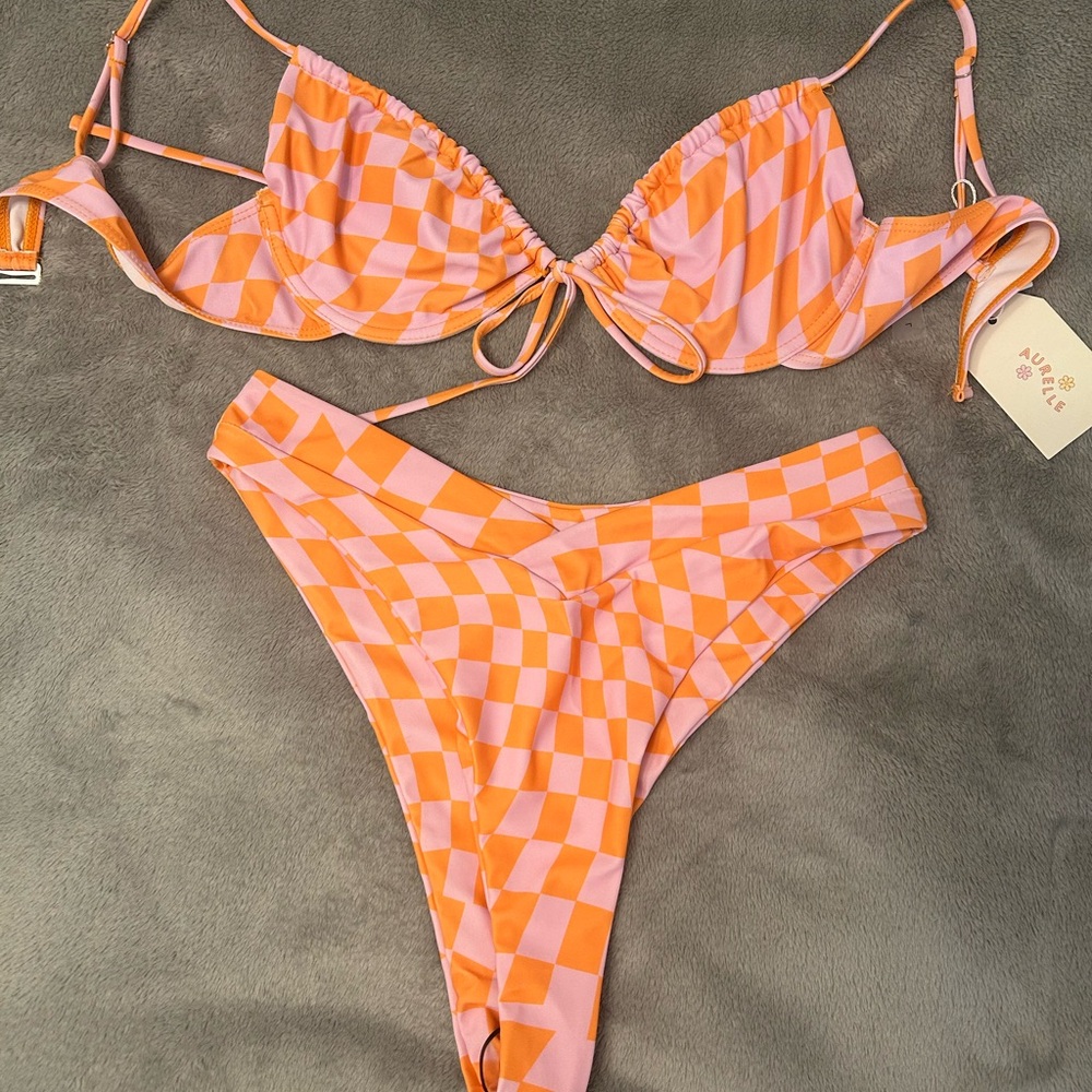 Aurielle Vibrant Pink and Orange Checkered Bikini